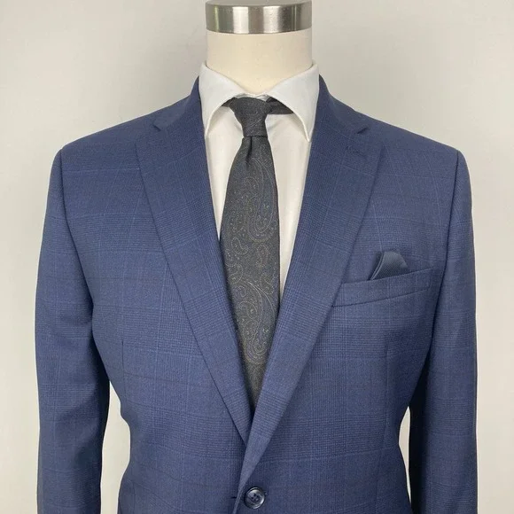 Bar III Men's Slim-Fit Wool Suit Jacket Size 44S Navy Plaid E07996